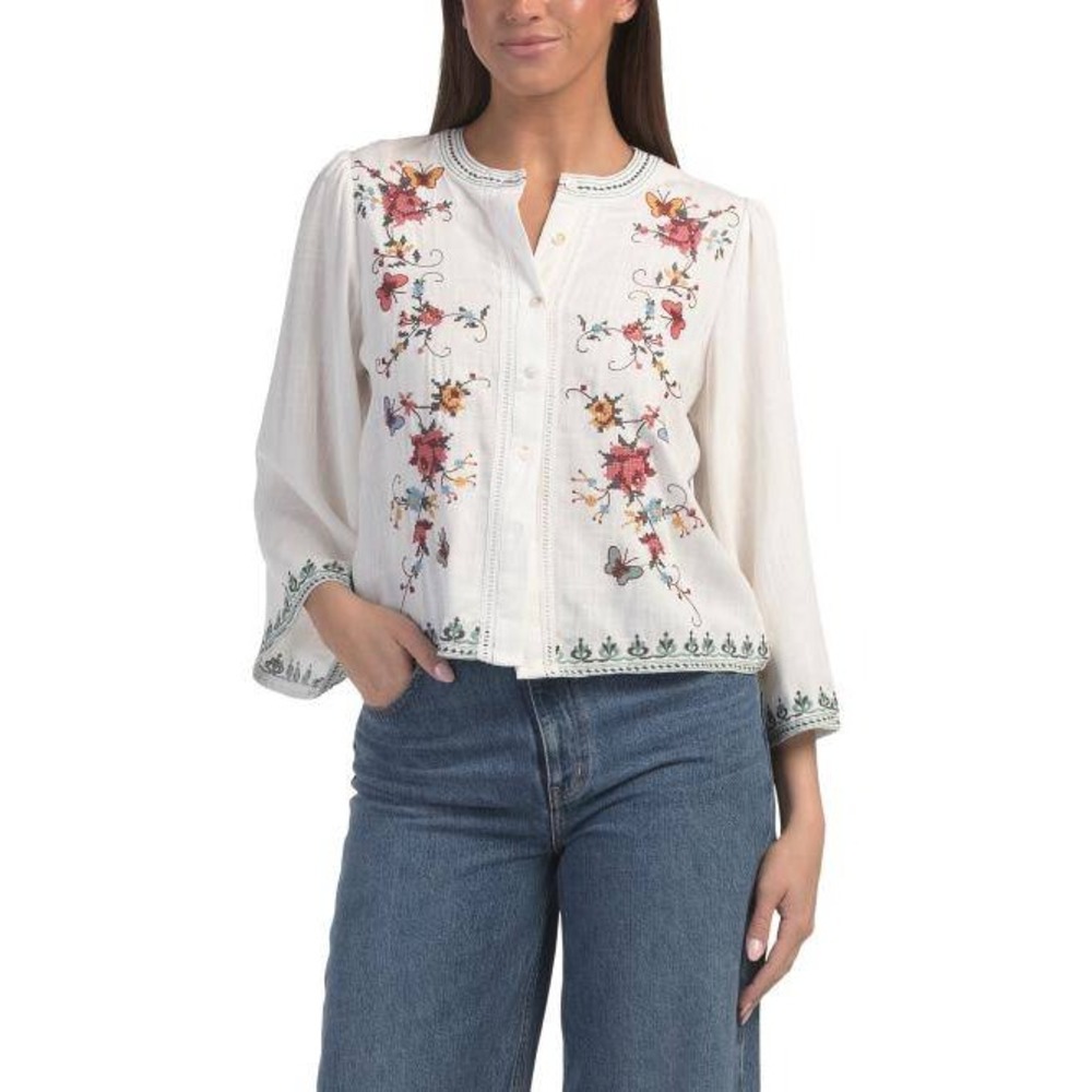 Solitaire Embroidered Floral Boho Blouse Cream Linen Blend Women Medium
